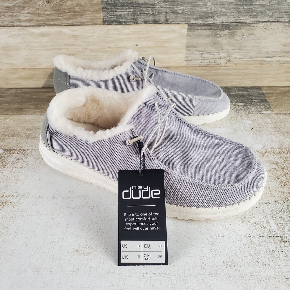 Hey Dude Wendy Corduroy Womens Loafers Shoes Sz 8 Gray Slip On Faux Fur Comfort